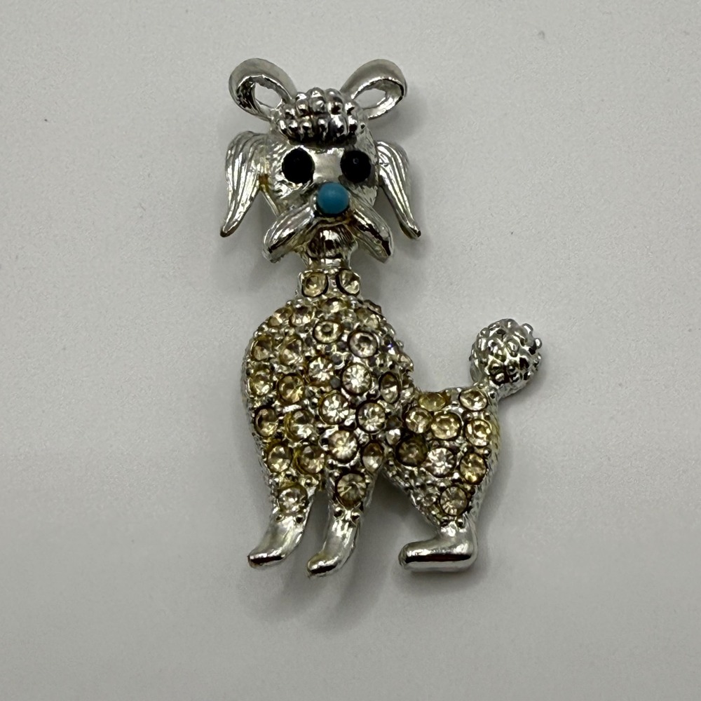 Vintage Silver Tone Rhinestone Poodle Dog Brooch Pin Blue Nose‎ Champagne Stones